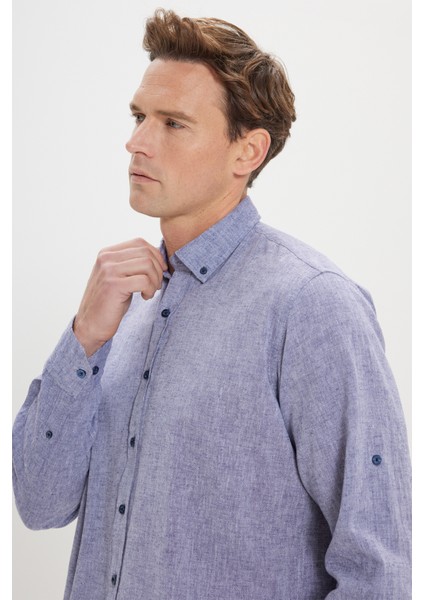 Erkek Lacivert Comfort Fit Rahat Kesim Düğmeli Yaka Casual Keten Gömlek