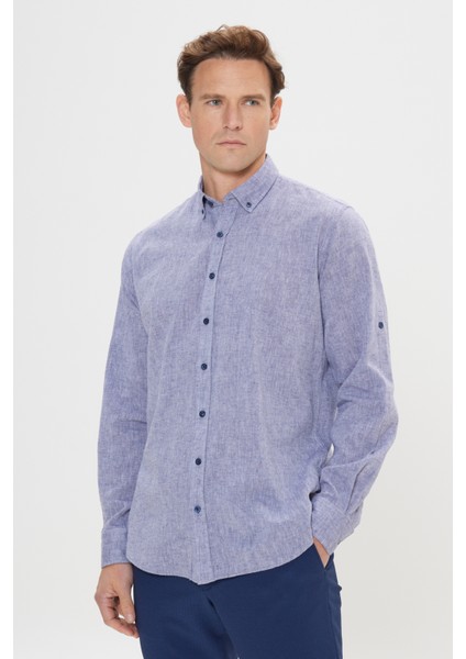 Erkek Lacivert Comfort Fit Rahat Kesim Düğmeli Yaka Casual Keten Gömlek