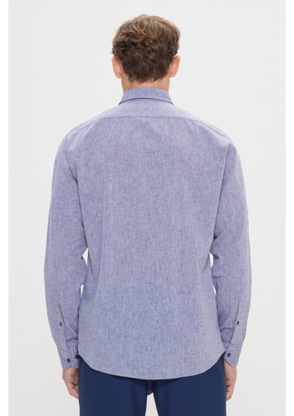 Erkek Lacivert Comfort Fit Rahat Kesim Düğmeli Yaka Casual Keten Gömlek