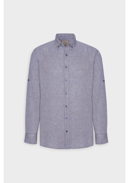 Erkek Lacivert Comfort Fit Rahat Kesim Düğmeli Yaka Casual Keten Gömlek