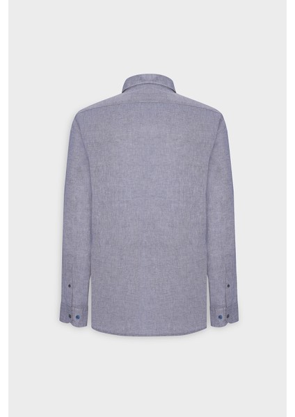 Erkek Lacivert Comfort Fit Rahat Kesim Düğmeli Yaka Casual Keten Gömlek