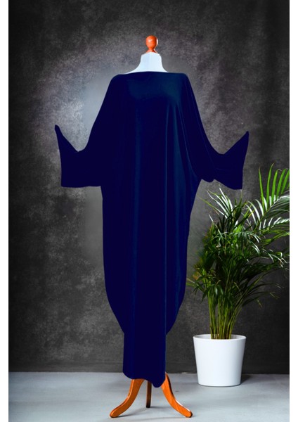 Uzun Mavi V Yaka Oversize Kaftan Elbise - Yanları Yırtmaçlı Elbise - Ön ve Arka Yüzü Giyilebilir