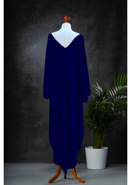 Uzun Mavi V Yaka Oversize Kaftan Elbise - Yanları Yırtmaçlı Elbise - Ön ve Arka Yüzü Giyilebilir