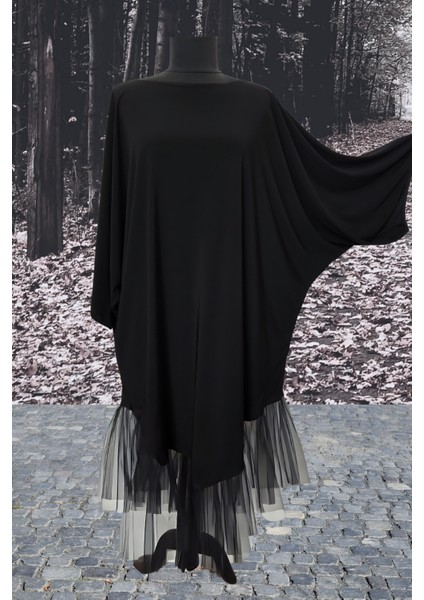 Uzun Siyah Tül Detaylı Oversize Elbise - Siyah Kaftan Elbise
