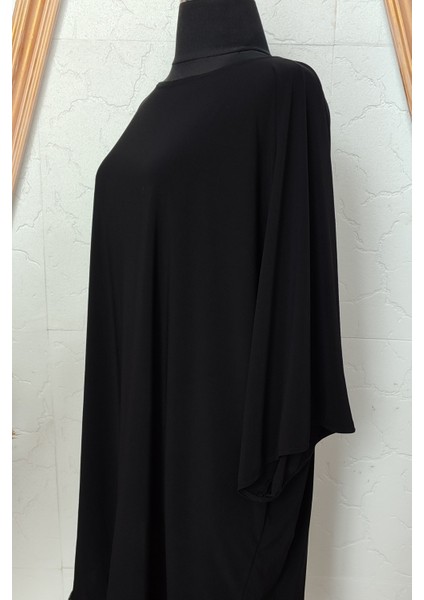 Uzun Siyah Tül Detaylı Oversize Elbise - Siyah Kaftan Elbise