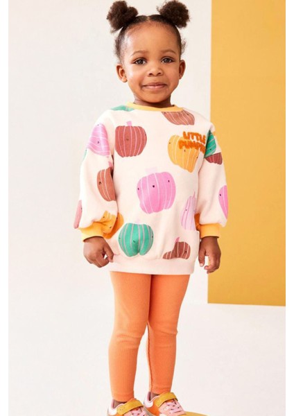 Balkabağı Desenli Panç Işlemeli Kız çocuk takım - Turuncu