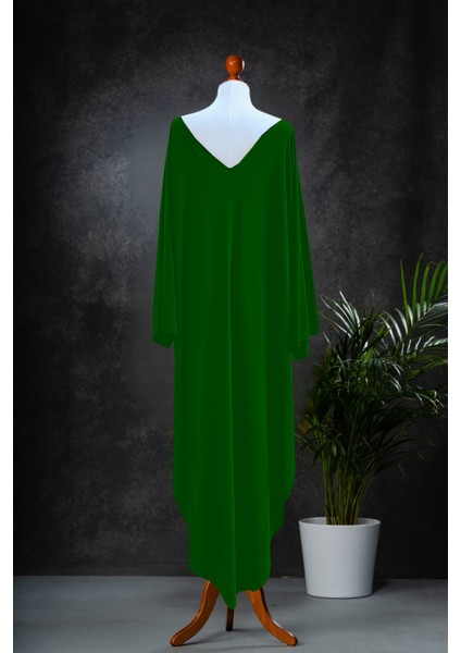 Uzun Yeşil V Yaka Oversize Kaftan Elbise - Yanları Yırtmaçlı Elbise - Ön ve Arka Yüzü Giyilebilir