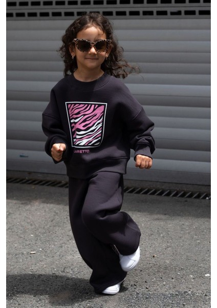 Zebra Baskılı Kız Çocuk Oversize takım - Siyah
