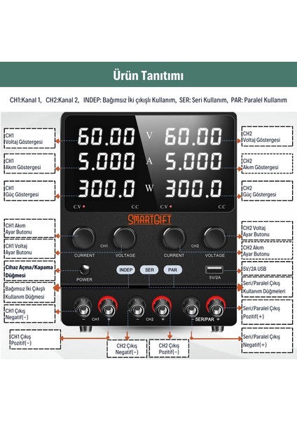 0-60V/5A-120V/5A-60V/10A Ayarlanabilir Dc Güç Kaynağı Voltaj Regülatörü Çift Çıkışlı Siyah