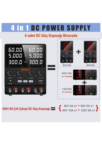 0-60V/5A-120V/5A-60V/10A Ayarlanabilir Dc Güç Kaynağı Voltaj Regülatörü Çift Çıkışlı Siyah