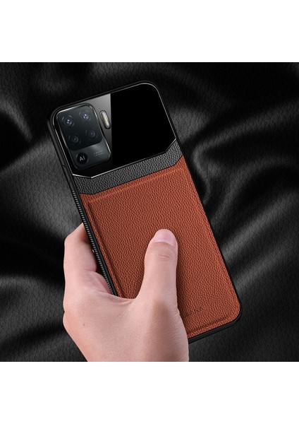 Oppo A94 Kılıf Zebana Lens Deri Kılıf Kahverengi