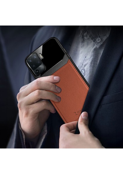 Oppo A94 Kılıf Zebana Lens Deri Kılıf Kahverengi