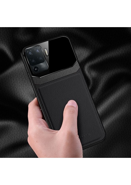 Oppo Reno 5 Lite Kılıf Zebana Lens Deri Kılıf Siyah