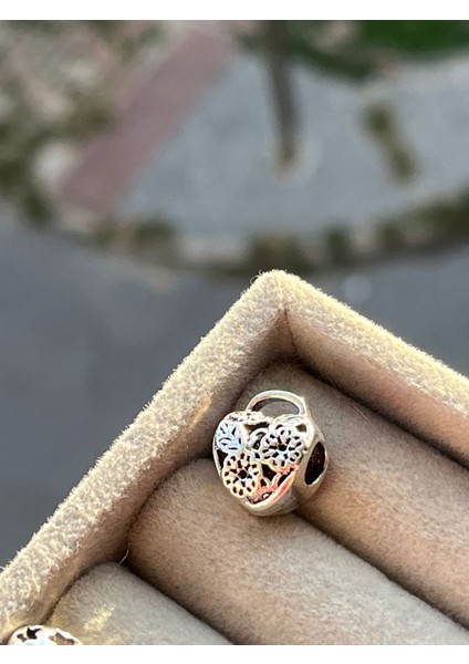 Çicekli Kalp Kilit Charm / Gümüş Kaplama