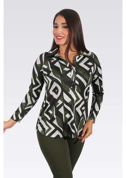 Tolga Saraçoğlu Kadın Polo Yaka Uzun Kol Desenli Örme Bluz 10933 Haki