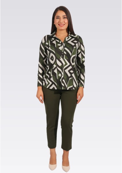 Tolga Saraçoğlu Kadın Polo Yaka Uzun Kol Desenli Örme Bluz 10933 Haki fiyatları