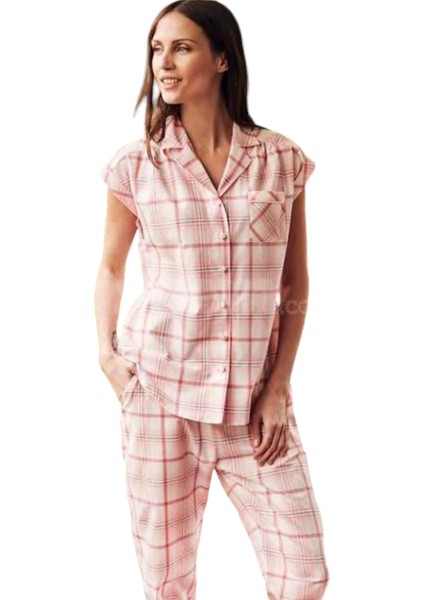 EROS-10510-BAYAN Kısa Kollu Önden Açık Poplin Kumaş Pijama Takımı-Pembe