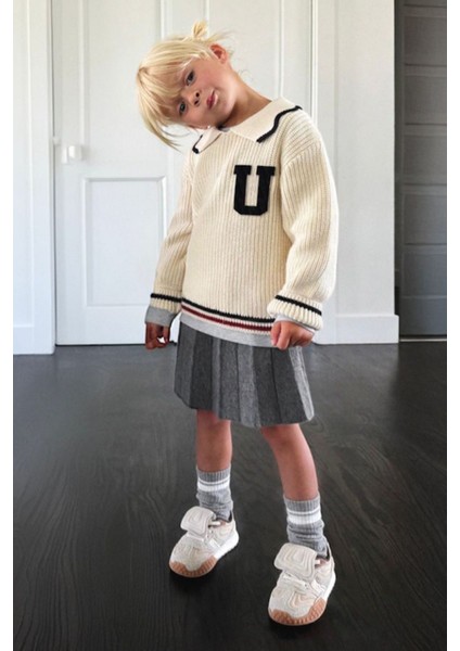 Triko U Desen Kazak ve Plise Etek Li Kız çocuk takım - Antrasit