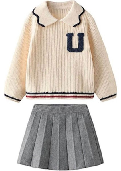 Triko U Desen Kazak ve Plise Etek Li Kız çocuk takım - Antrasit fiyatları