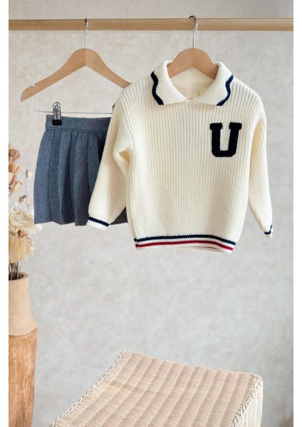 Triko U Desen Kazak ve Plise Etek Li Kız çocuk takım - Antrasit modelleri