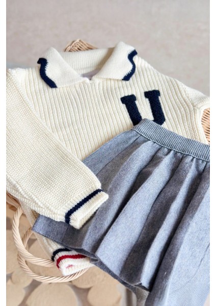 Triko U Desen Kazak ve Plise Etek Li Kız çocuk takım - Antrasit indirimleri