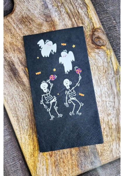 Halloween Peçetesi Beyaz Hayalet Iskelet Baskılı Siyah Peçete 20'li