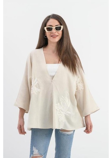 Keten Pul Payet Süzene Nakışlı Kimono - Bej