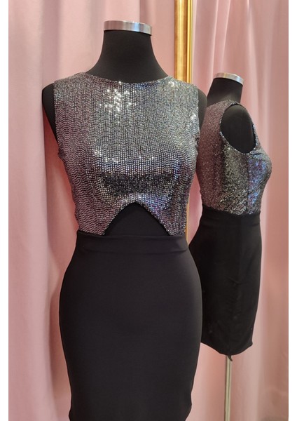 Bel Dekolteli Crop Siyah Payet