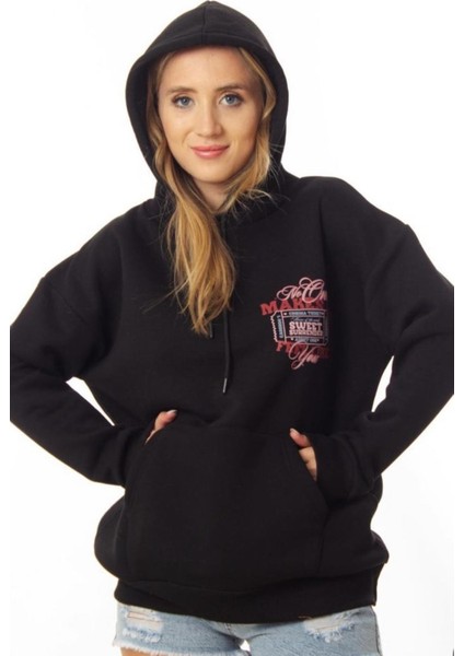 Kadın Kapüşonlu Grafik Baskılı Kanguru Cepli Oversize Rahat Sweatshirt