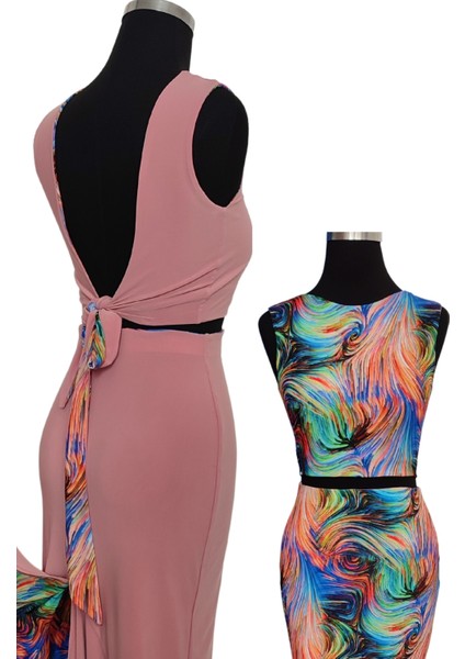 Çift Taraflı Bağlamalı Crop Bluz Soyut-Pudra