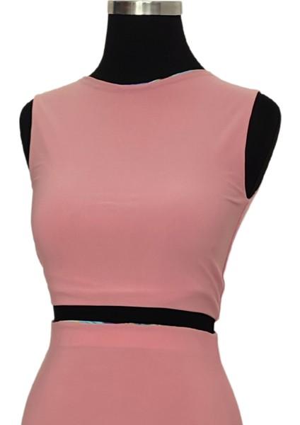 Çift Taraflı Bağlamalı Crop Bluz Soyut-Pudra