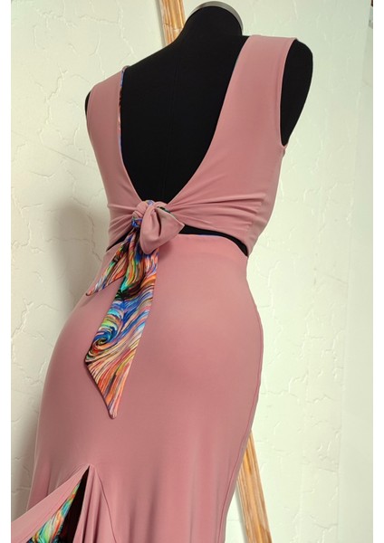 Çift Taraflı Bağlamalı Crop Bluz Soyut-Pudra