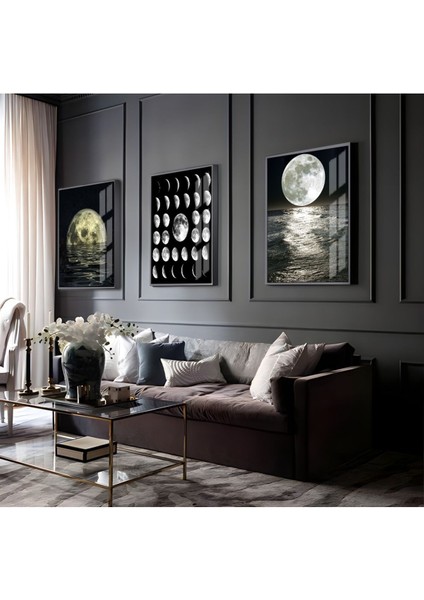Siyah-Beyaz Ay Döngüleri Kombini |Çerçeveli Cam Tablo 3lü Dikey