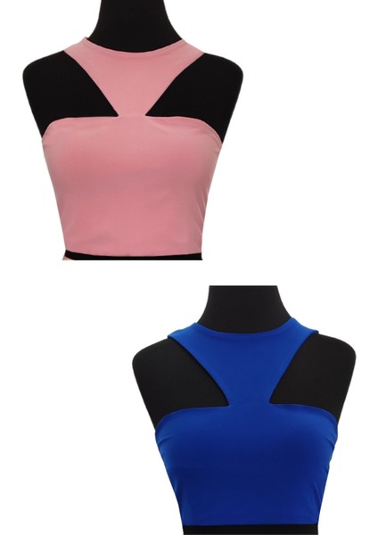 Çift Taraflı Omuz Dekolteli Crop Mavi - Pudra