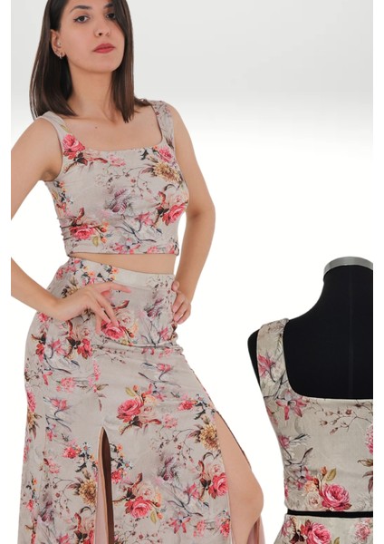 Basic Kalın Askılı Crop Çiçekli Bej