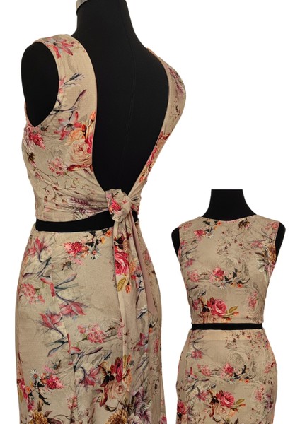 Sırtı Bağlamalı Crop Çiçekli Bej