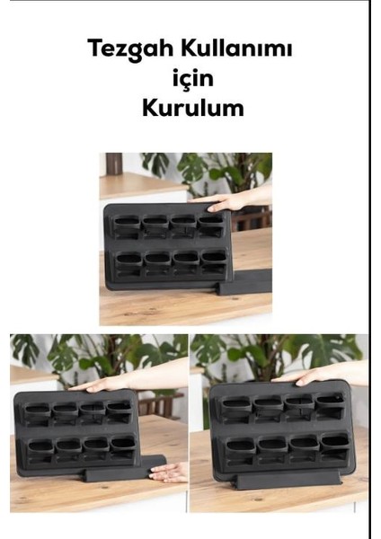 Stantlı Siyah Tezgah Üstü Kapaklı 8'li Baharat Takımı Yapışkanlı Duvara Monte