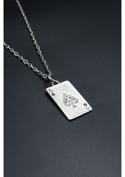 Maça As Poker İskambil Gümüş Kaplama Unisex Düz Zincir Kolye kod 758