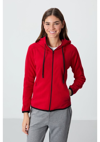 Kırmızı Kalın Yumuşak Dokulu Kapüşonlu Standart Fit Nakışlı Polar Kadın Sweatshirt -97287