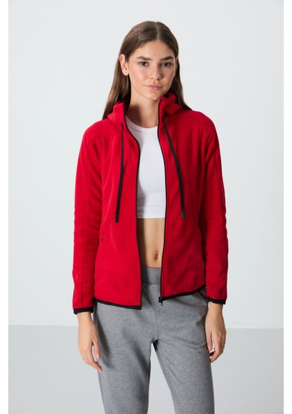 Kırmızı Kalın Yumuşak Dokulu Kapüşonlu Standart Fit Nakışlı Polar Kadın Sweatshirt -97287 modelleri