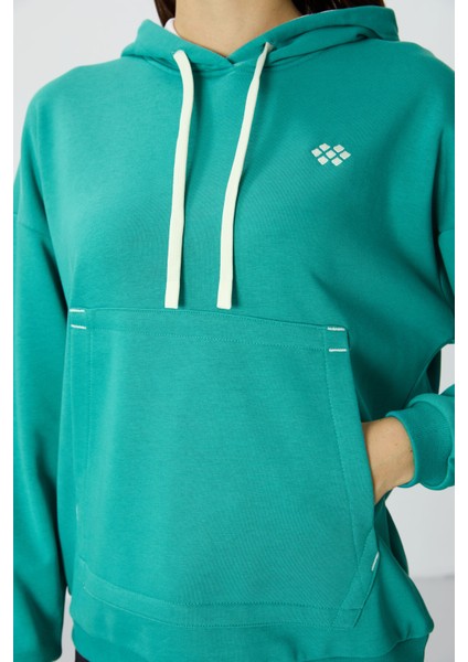 Deniz Yeşili Kompakt Pamuklu Kalın Pürüzsüz Dokulu Kapüşonlu Oversize Fit Kadın Sweatshirt - 97291 fiyatları