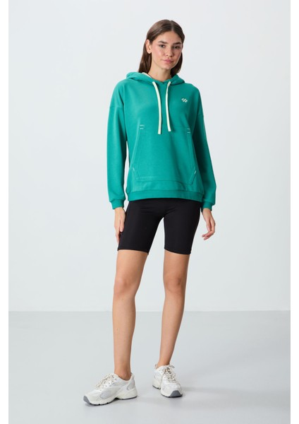 Deniz Yeşili Kompakt Pamuklu Kalın Pürüzsüz Dokulu Kapüşonlu Oversize Fit Kadın Sweatshirt - 97291 modelleri