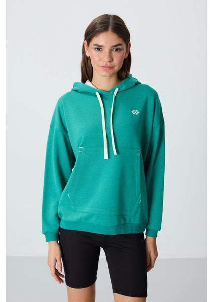 Deniz Yeşili Kompakt Pamuklu Kalın Pürüzsüz Dokulu Kapüşonlu Oversize Fit Kadın Sweatshirt - 97291 fırsatları