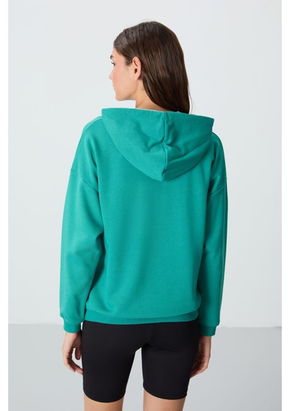 Deniz Yeşili Kompakt Pamuklu Kalın Pürüzsüz Dokulu Kapüşonlu Oversize Fit Kadın Sweatshirt - 97291 indirimleri