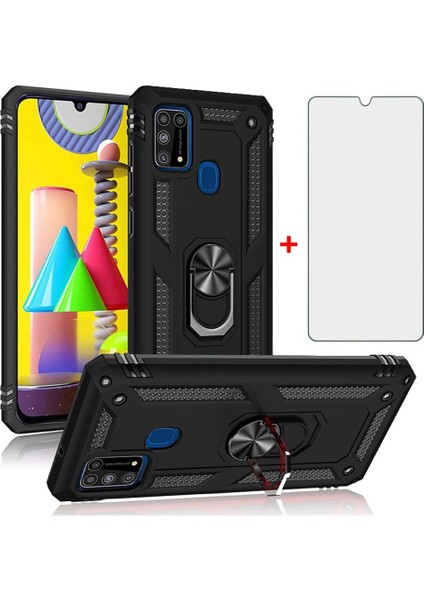 Samsung Galaxy M21 Kılıf Armor Tank Holder Hard Shockproof + Ekran Koruyucu