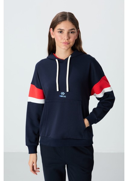 Indigo Kompakt Pamuklu Kalın Pürüzsüz Dokulu Kapüşonlu Oversize Fit Kadın Sweatshirt - 97290