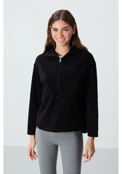 Siyah Kalın Yumuşak Dokulu Kapüşonlu Oversize Nakışlı Polar Kadın Sweatshirt -97286