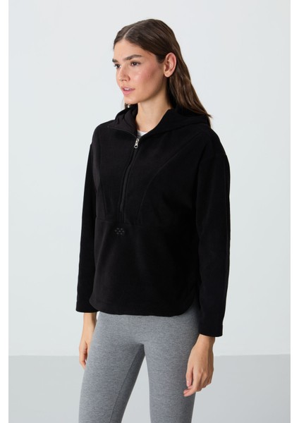 Siyah Kalın Yumuşak Dokulu Kapüşonlu Oversize Nakışlı Polar Kadın Sweatshirt -97286