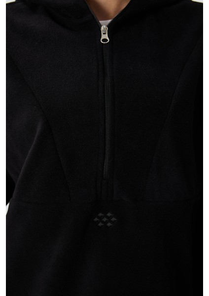 Siyah Kalın Yumuşak Dokulu Kapüşonlu Oversize Nakışlı Polar Kadın Sweatshirt -97286