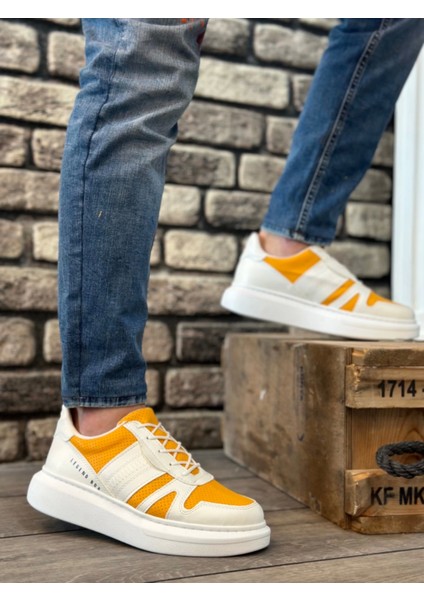 BA0548 Boa Kalın Yüksek Beyaz Hardal Beyaz Taban Bağcıklı Spor Erkek Ayakkabı